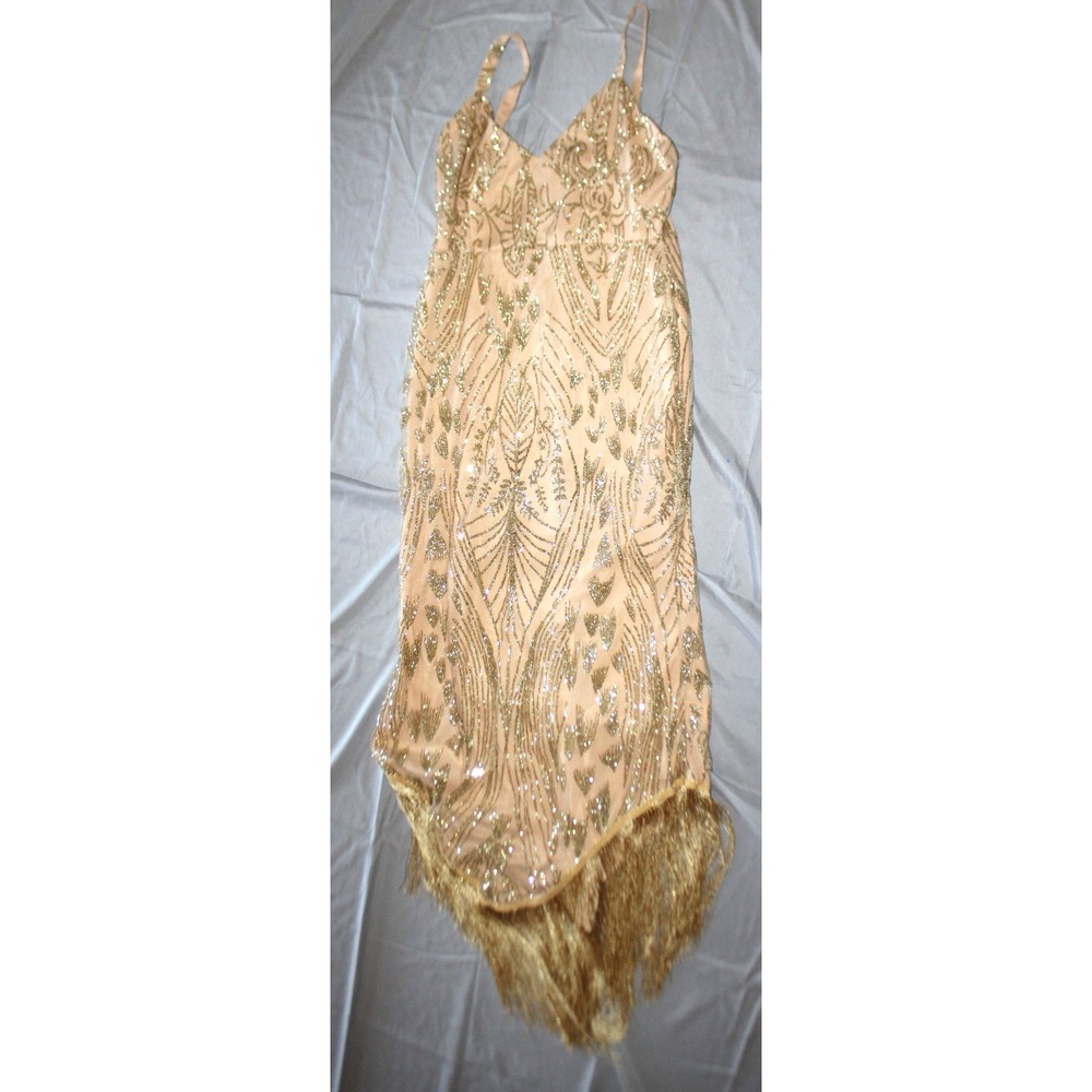 Gold glitter Deep V  fringe Evening sleeveless  Gown dress size XL